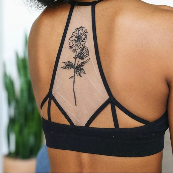 Embroidered Flower Tattoo Illusion Racerback Bralette in Black - Picture 2 of 7